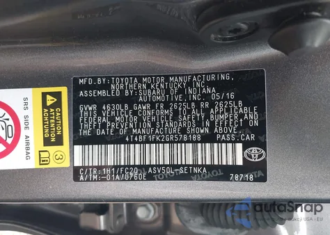 2016 Toyota Camry Le z USA, uszkodzony, nr VIN 4T4BF1FK2GR578188